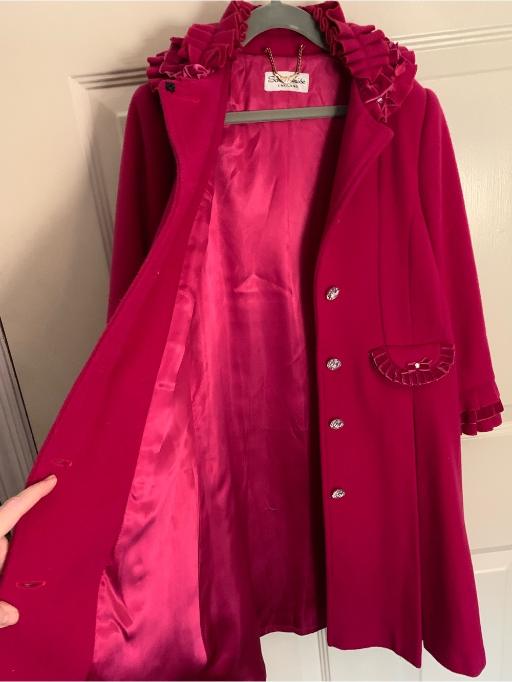 Girls' Bright Fuchsia Ruffle-Trim Pea Coat